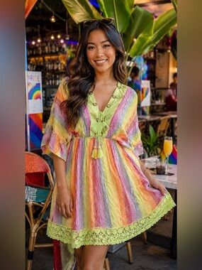 NWT Rainbow Daydream Striped Babydoll Boho Minidress w/ Sequin Accents